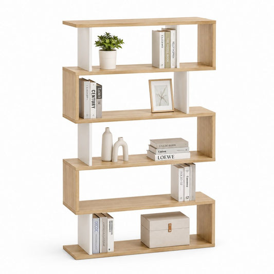 Libreria a 5 ripiani in pannelli di particelle rivestiti in melamina, rovere chiaro e bianco, 100 x 24 x 160 cm