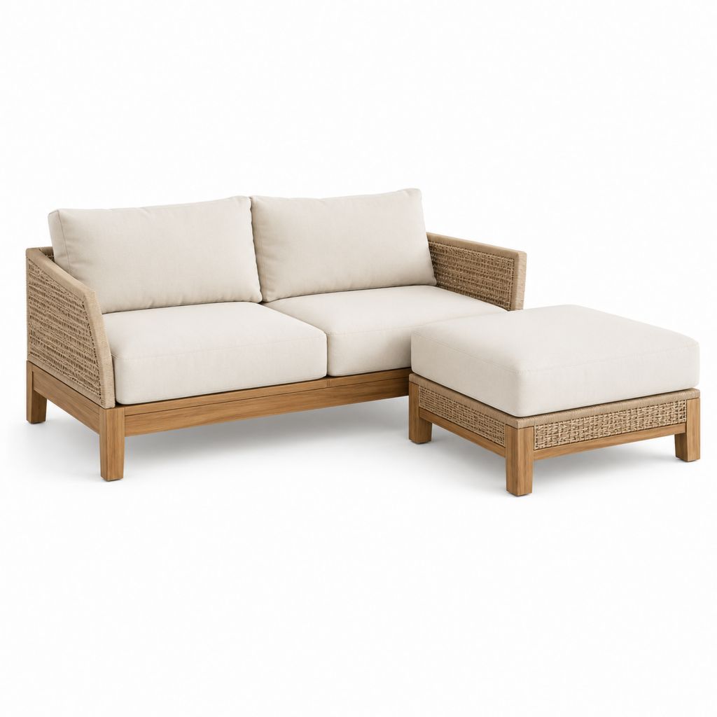 Set da esterno con divano a 2 posti e pouf in legno massello di acacia e rattan PE, beige e marrone chiaro, divano 154 × 80 × 78 cm, pouf 70 × 70 × 42 cm