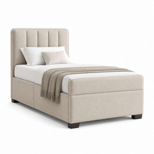 Letto singolo imbottito in tessuto beige con rete a doghe, per materasso 90 × 200 cm, dimensioni 104 × 214 × 110 cm