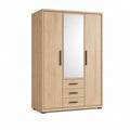Armadio guardaroba a 2 ante con specchio e 3 cassetti in pannello truciolare melaminico, rovere naturale e nero, 120 x 52 x 190 cm