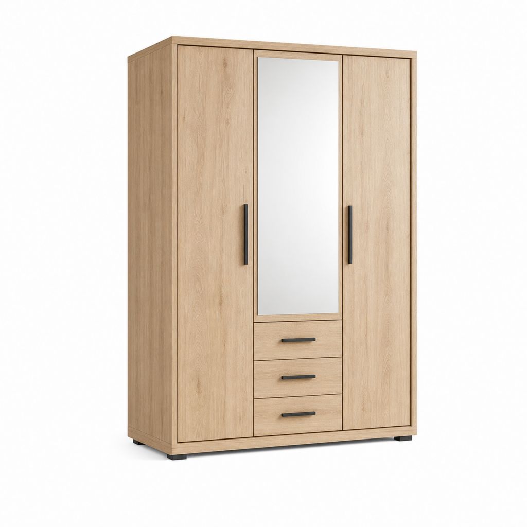 Armadio guardaroba a 2 ante con specchio e 3 cassetti in pannello truciolare melaminico, rovere naturale e nero, 120 x 52 x 190 cm