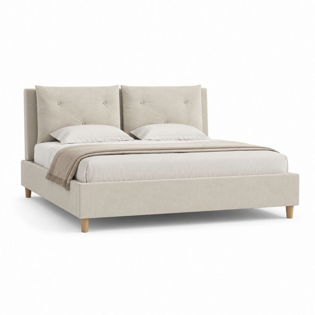 Letto matrimoniale imbottito in poliestere beige con testiera a bottoni, 170 x 215 x 115 cm, per materasso 160 x 200 cm