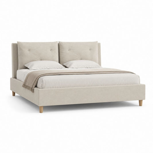 Letto matrimoniale imbottito in poliestere beige con testiera a bottoni, 170 x 215 x 115 cm, per materasso 160 x 200 cm