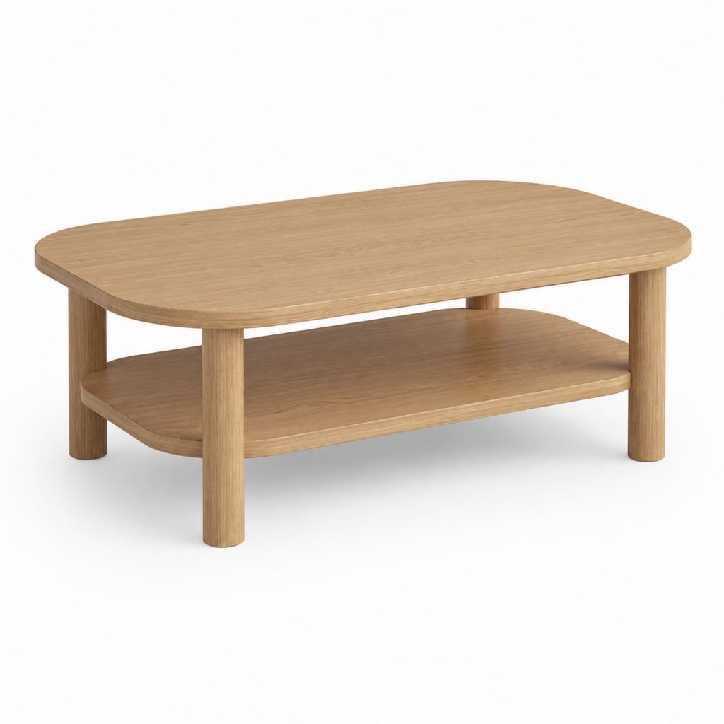 Tavolino da caffè rettangolare con ripiano in MDF impiallacciato rovere e gambe in rovere massello, rovere naturale, 100 × 60 × 45 cm
