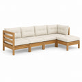 Divano angolare modulare da giardino a 5 pezzi in legno massello di acacia con cuscini crema, 269 × 134,5 × 62 cm