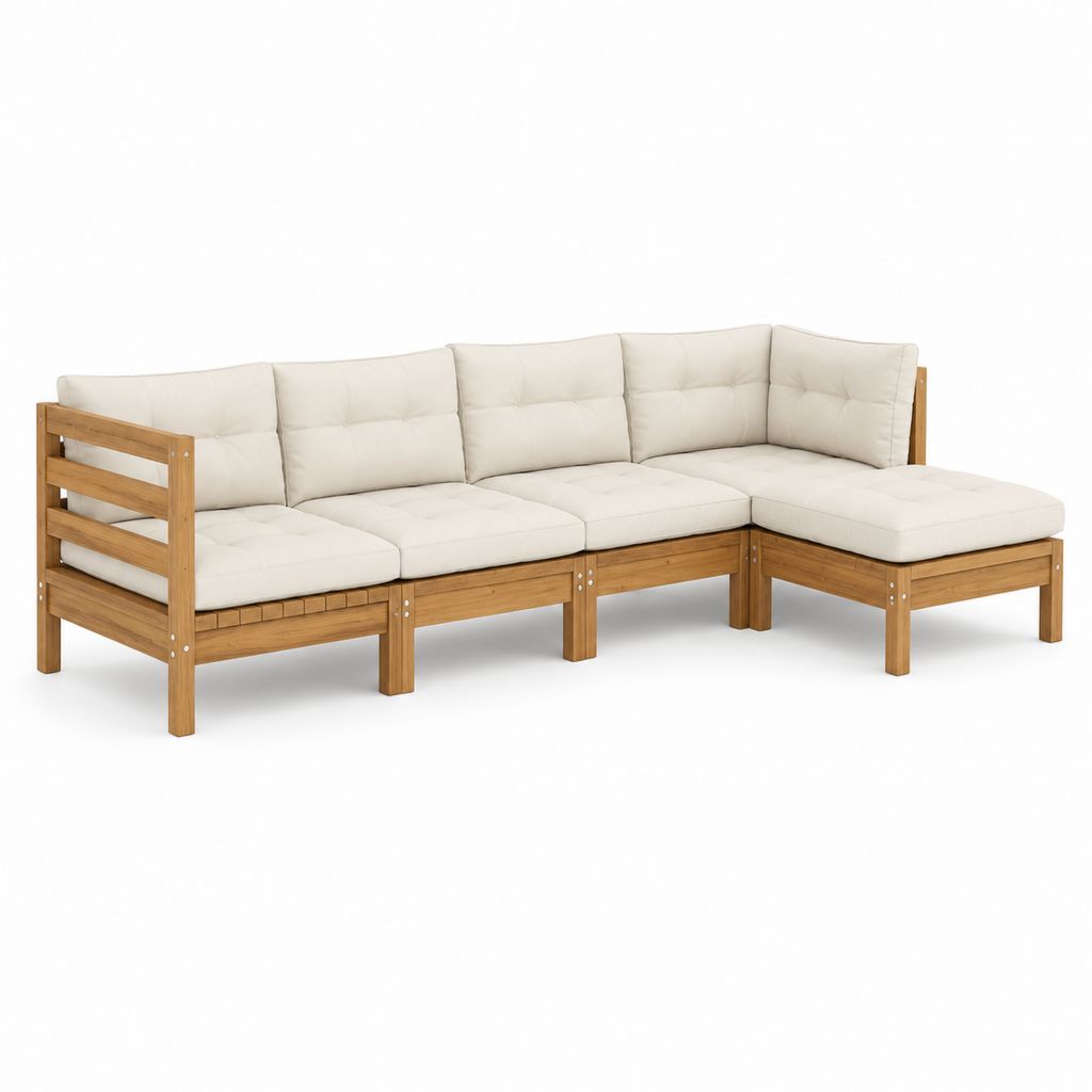 Divano angolare modulare da giardino a 5 pezzi in legno massello di acacia con cuscini crema, 269 × 134,5 × 62 cm