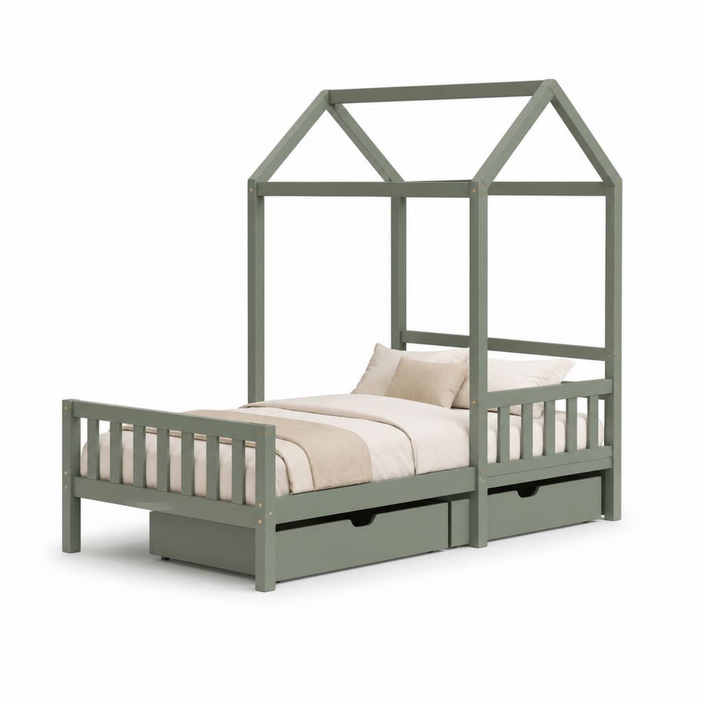 Letto a casetta per bambini 90 x 200 cm in pino massello verde salvia con rete a doghe e 2 cassetti, 208 x 98 x 220 cm