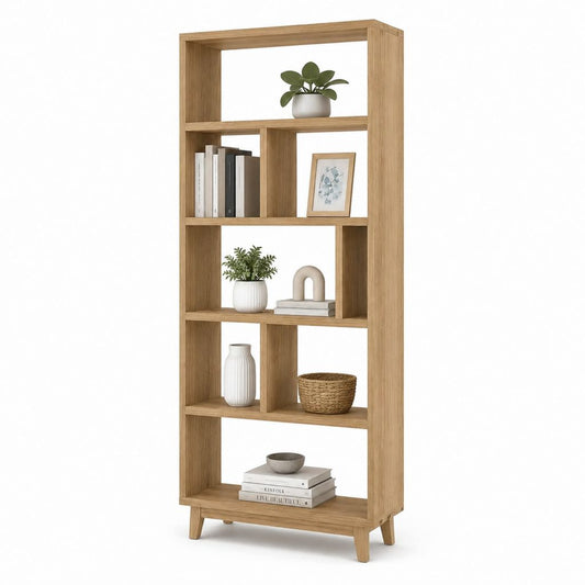 Libreria a giorno rettangolare in legno, 5 livelli e 8 vani, marrone chiaro effetto rovere, 80 x 30 x 180 cm