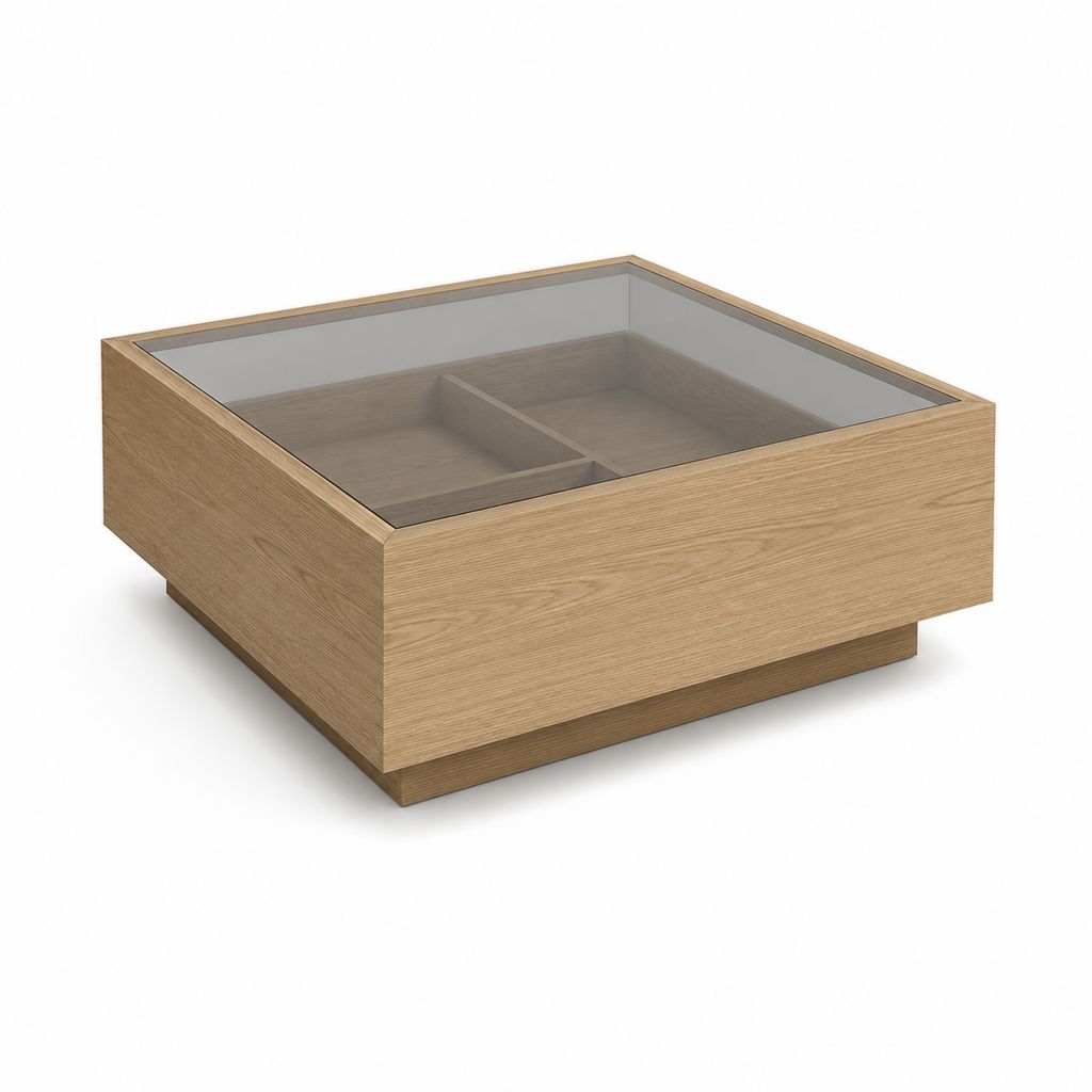 Tavolino da caffè quadrato con piano in vetro fumé e struttura in MDF impiallacciato rovere naturale, 80 x 80 x 40 cm