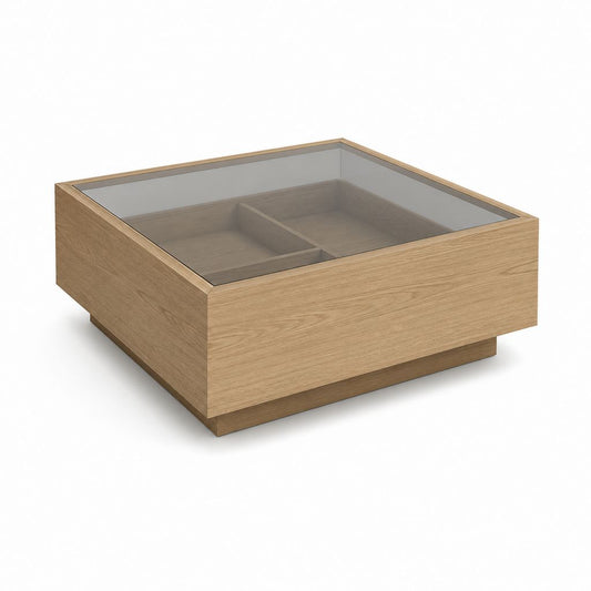 Tavolino da caffè quadrato con piano in vetro fumé e struttura in MDF impiallacciato rovere naturale, 80 x 80 x 40 cm