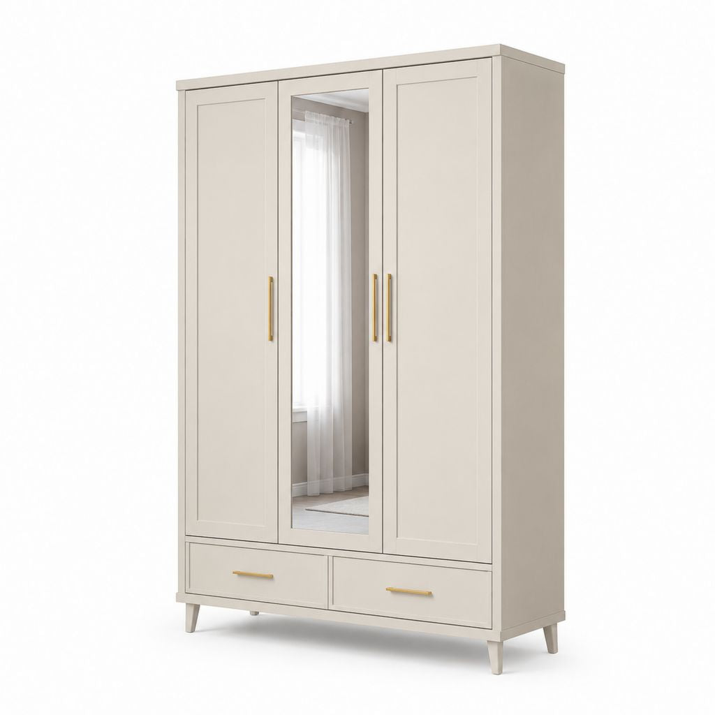 Armadio guardaroba a 3 ante con specchio e 2 cassetti in MDF beige e oro, 120 × 52 × 190 cm
