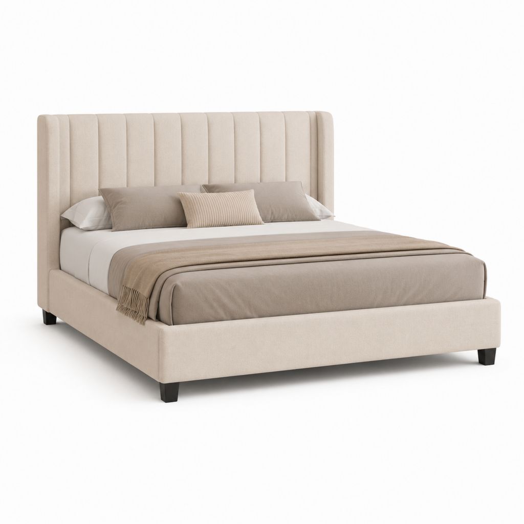 Letto matrimoniale imbottito in poliestere beige con piedini neri, 181 × 218 × 120 cm, per materasso 160 × 200 cm