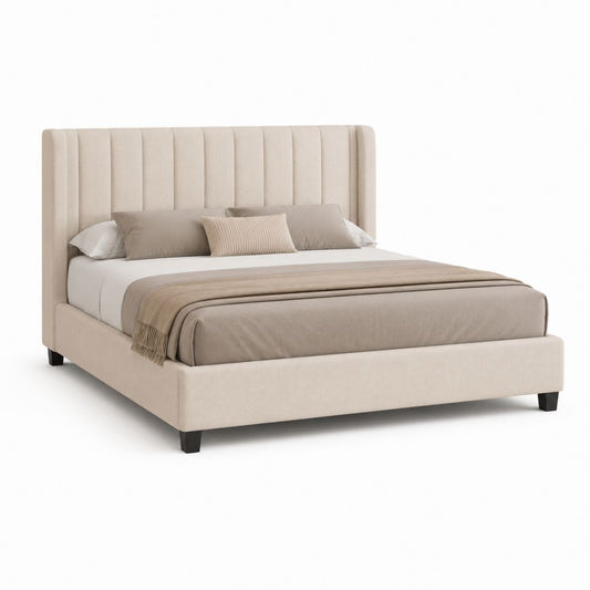 Letto matrimoniale imbottito in poliestere beige con piedini neri, 181 × 218 × 120 cm, per materasso 160 × 200 cm