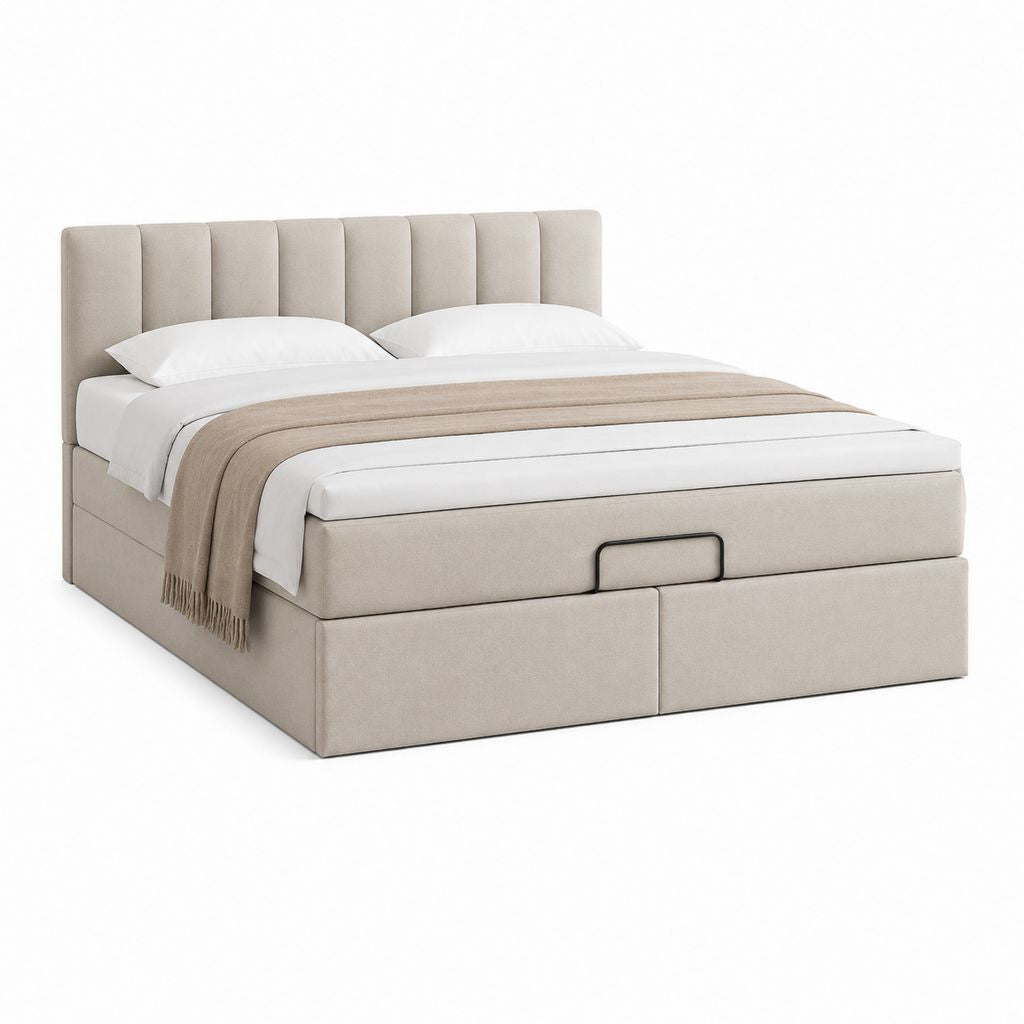 Letto matrimoniale contenitore imbottito in tessuto beige con dettagli neri, testiera e rete sollevabile, 176 x 218 x 120 cm, rete 160 x 200 cm