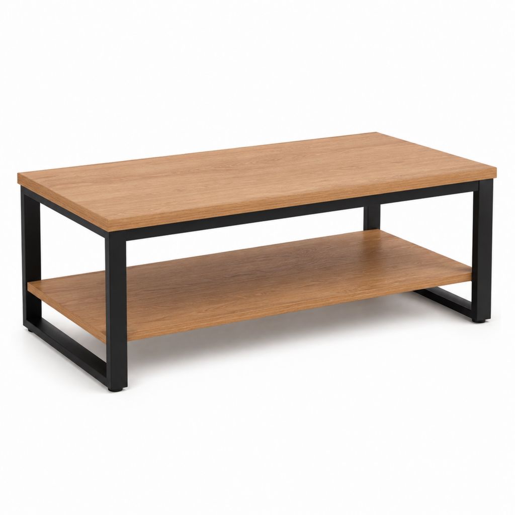 Tavolino da salotto rettangolare in legno e metallo con ripiano inferiore, 100 × 50 × 45 cm, rovere marrone e nero