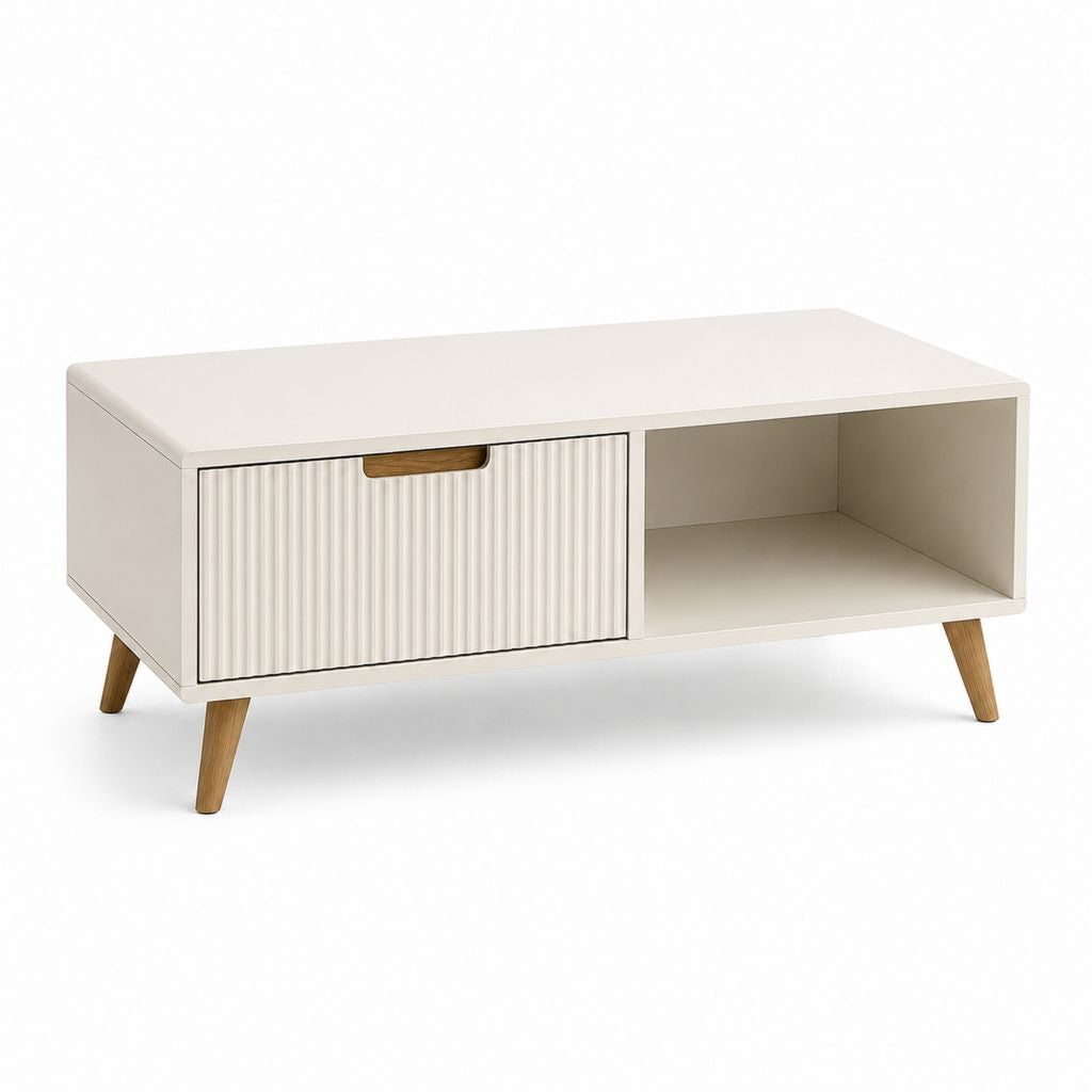 Tavolino da caffè rettangolare in MDF con cassetto e vano aperto, bianco caldo e rovere, 100 x 50 x 45 cm