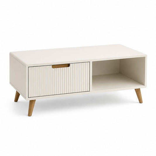 Tavolino da caffè rettangolare in MDF con cassetto e vano aperto, bianco caldo e rovere, 100 x 50 x 45 cm