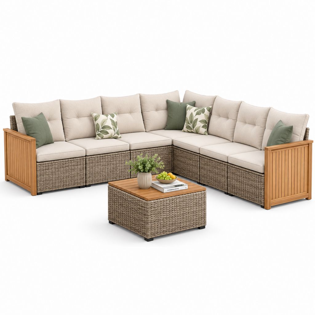 Set da giardino con divano angolare 7 posti in polyrattan PE e legno di acacia 270 x 270 x 84 cm e tavolino 70 x 70 x 40 cm, beige e tortora