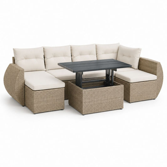 Set divano da giardino 7 posti in polyrattan PE beige con cuscini crema e tavolo regolabile, 250 x 180 x 80 cm
