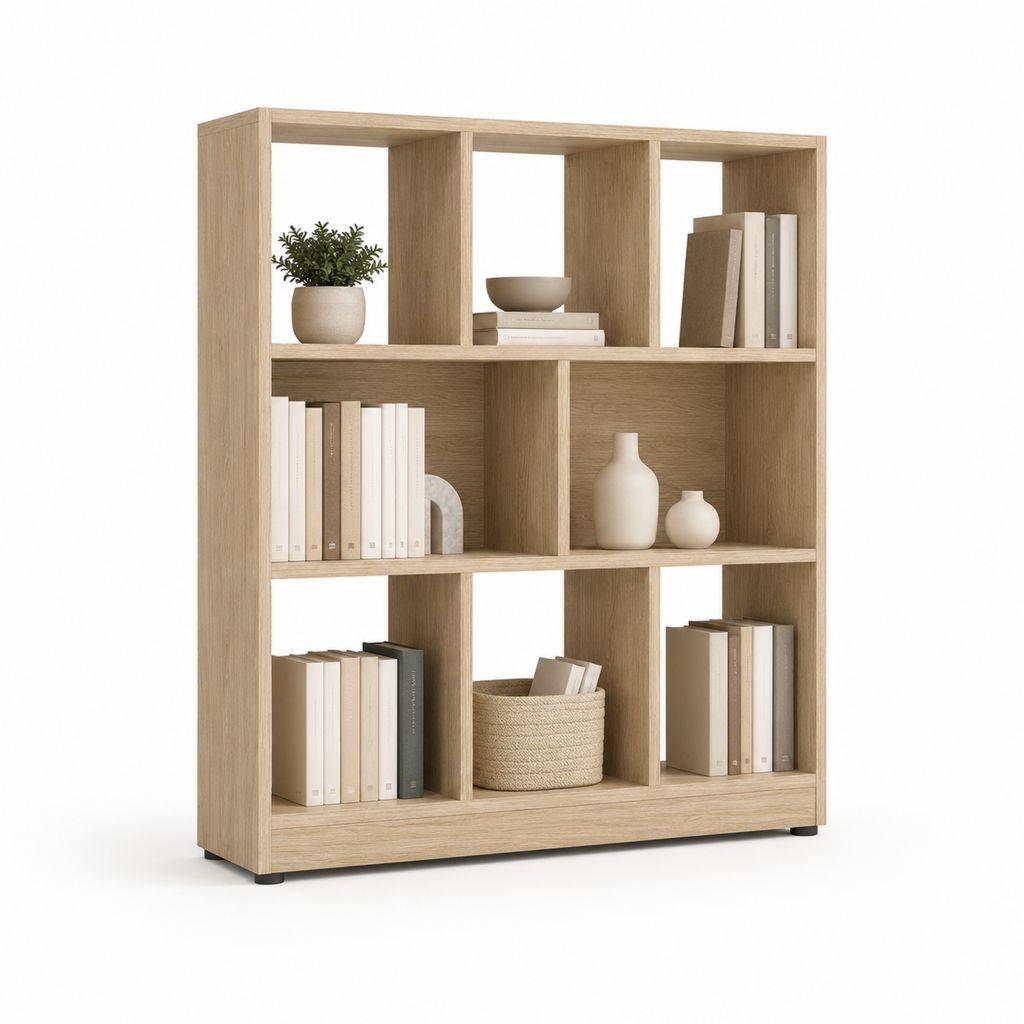 Libreria rettangolare a 8 vani in pannello truciolare, rovere chiaro, 120 × 30 × 140 cm
