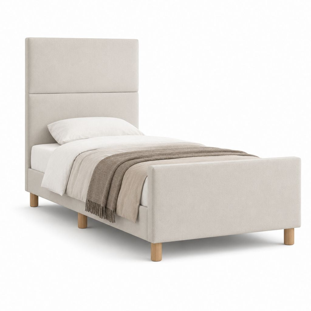 Letto singolo imbottito beige in poliestere 105 x 218 x 140 cm per materasso 90 x 200 cm con testiera alta, pediera e rete a doghe