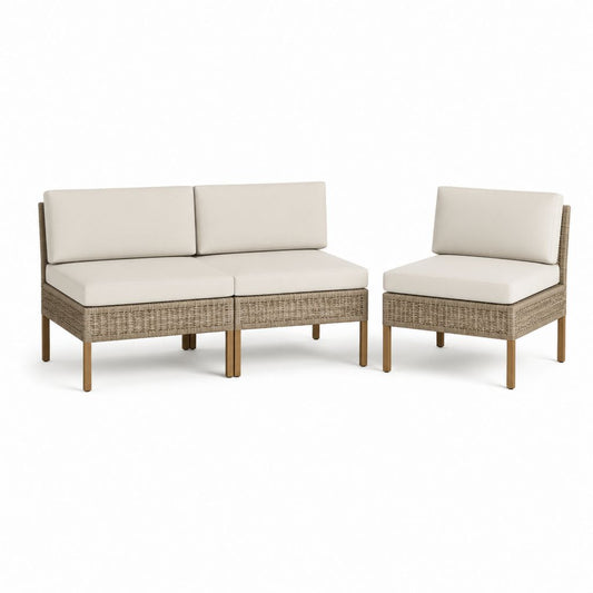 Set divano modulare da giardino a 3 posti in polyrattan PE e acciaio con cuscini beige, 3 moduli da 65 x 68 x 75 cm
