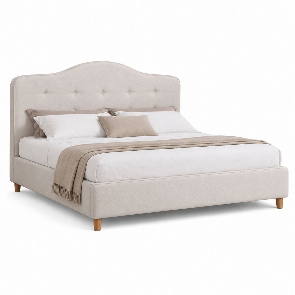 Letto matrimoniale imbottito beige 160 × 200 cm con testiera a bottoni e rivestimento in poliestere