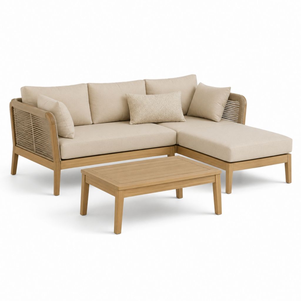 Set da giardino angolare 3 posti in legno con chaise longue destra e tavolino, beige e marrone naturale, 210 x 150 x 78 cm