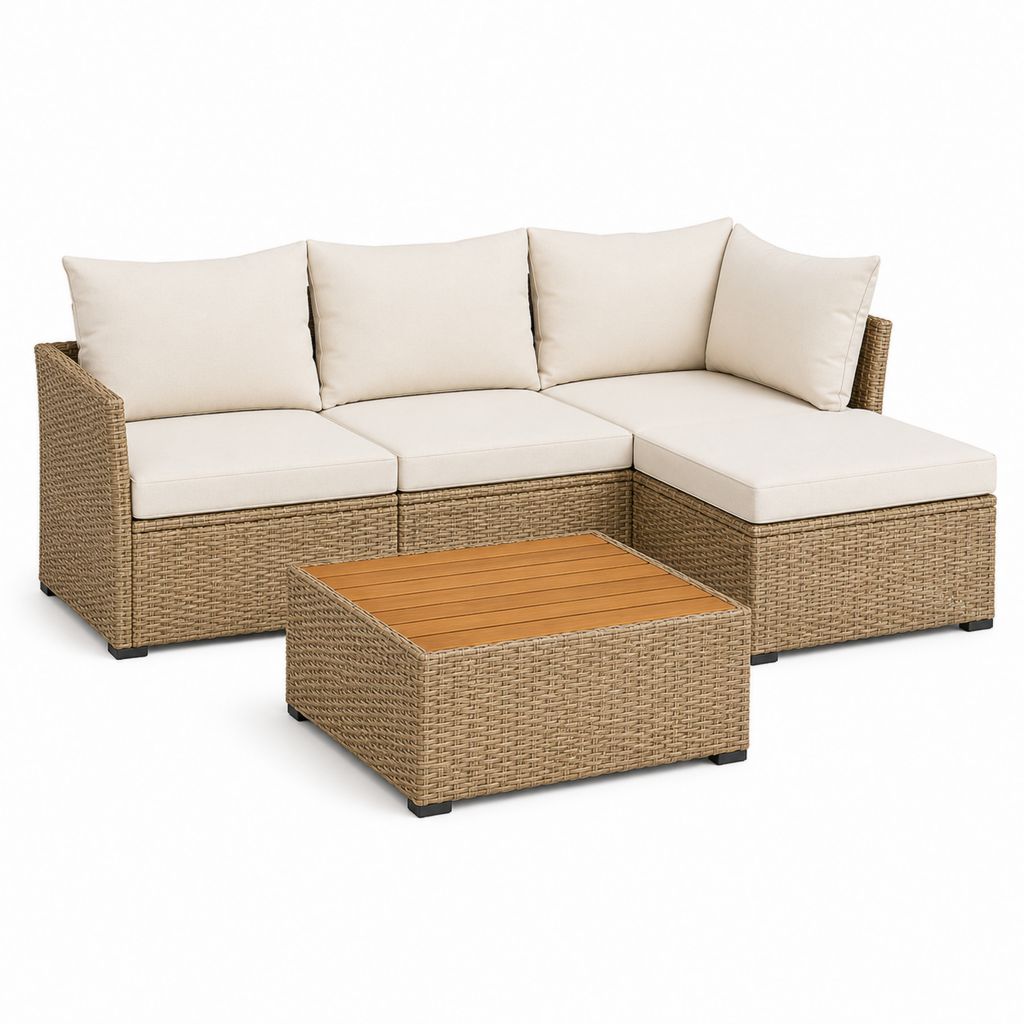 Salotto angolare da esterno a 3 posti in rattan PE beige con penisola, cuscini crema e tavolino, divano 195 x 140 x 65 cm, tavolino 65 x 65 x 35 cm