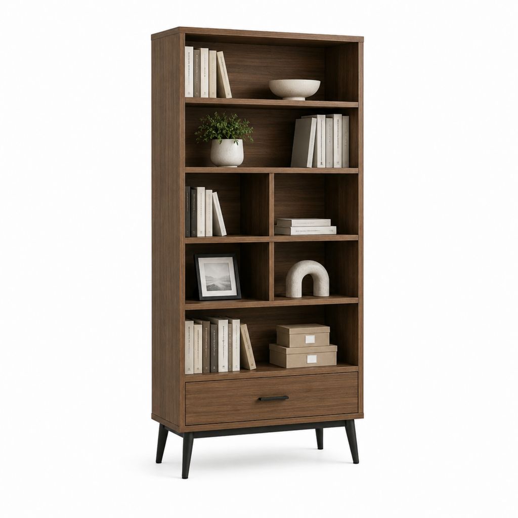 Libreria alta a 7 vani con cassetto in legno e metallo, marrone noce e nero, 80 x 35 x 180 cm