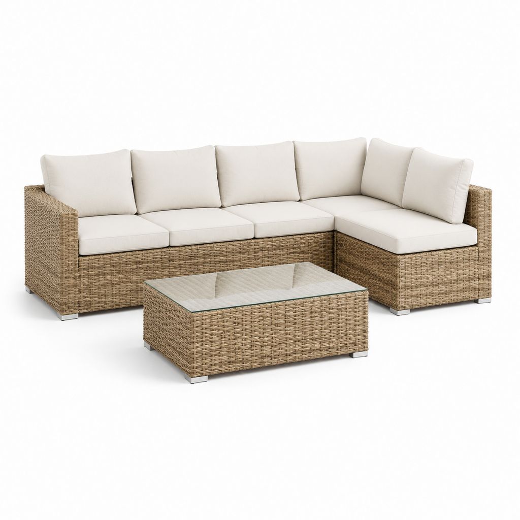 Salotto da giardino 3 pezzi con divano angolare a 4 posti in rattan PE beige e tavolino in vetro, 260 x 180 x 75 cm