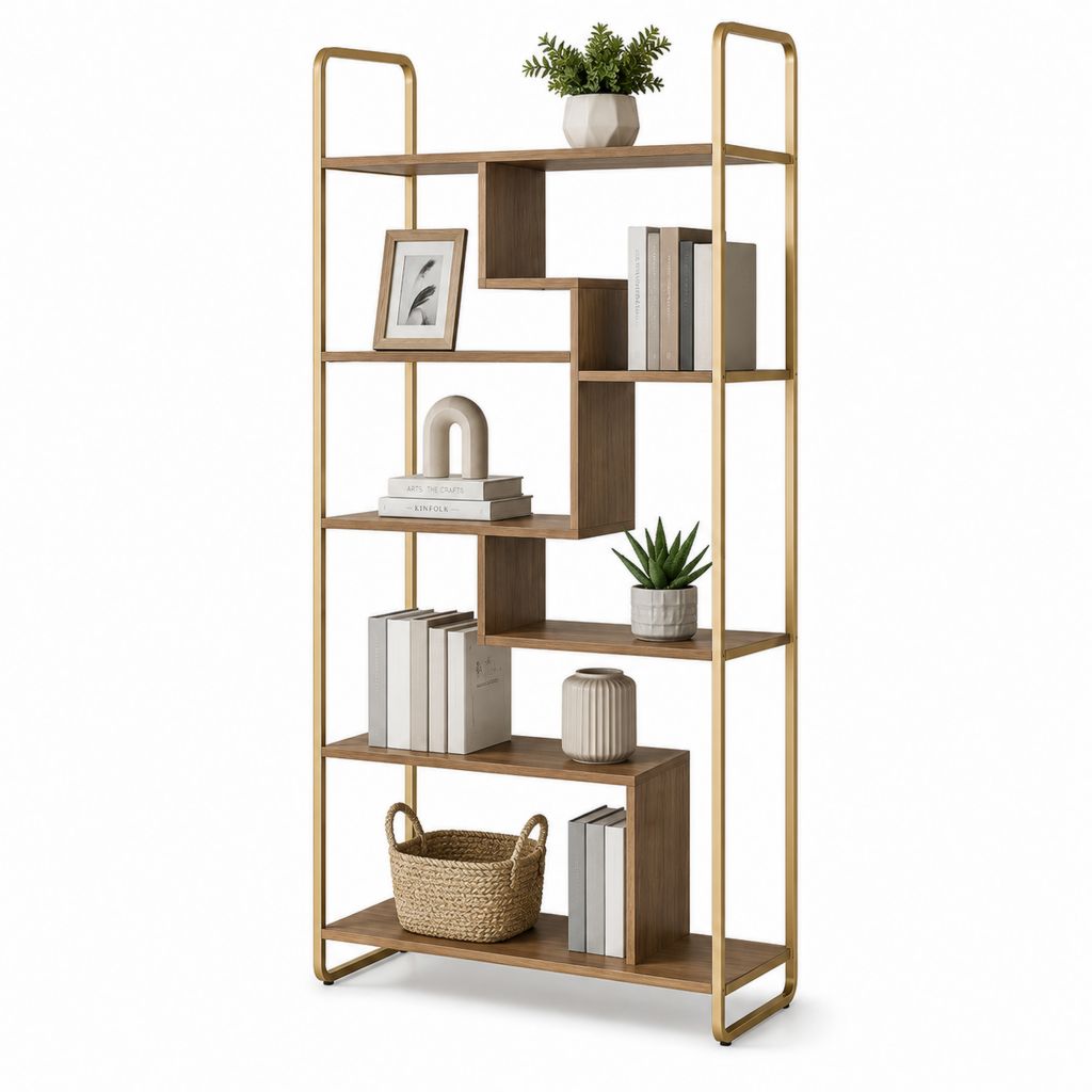 Libreria rettangolare a 6 ripiani in acciaio e MDF, marrone noce e oro, 80 x 30 x 180 cm