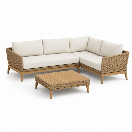 Set da giardino con divano angolare a 5 posti e tavolino in polyrattan PE e legno, beige naturale, crema e marrone, 238 × 178 × 78 cm